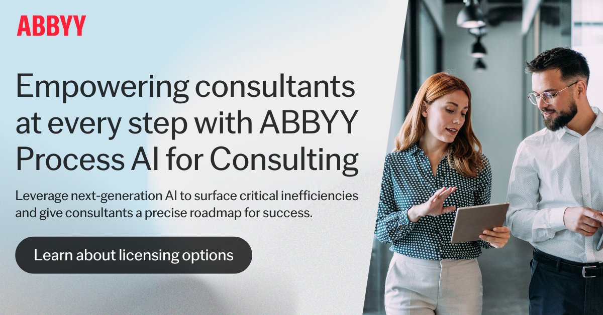 ABBYY (@abbyy_software) on Twitter photo Imagine, with the push of a button, being freed from the technical and administrative stressors that weigh you down.
Meet ABBYY Process AI for Consulting (PAIC). By identifying critical inefficiencies and real-time improvement opportunities, #PAIC delivers data-driven results so Imagine, with the push of a button, being freed from the technical and administrative stressors that weigh you down.
Meet ABBYY Process AI for Consulting (PAIC). By identifying critical inefficiencies and real-time improvement opportunities, #PAIC delivers data-driven results so