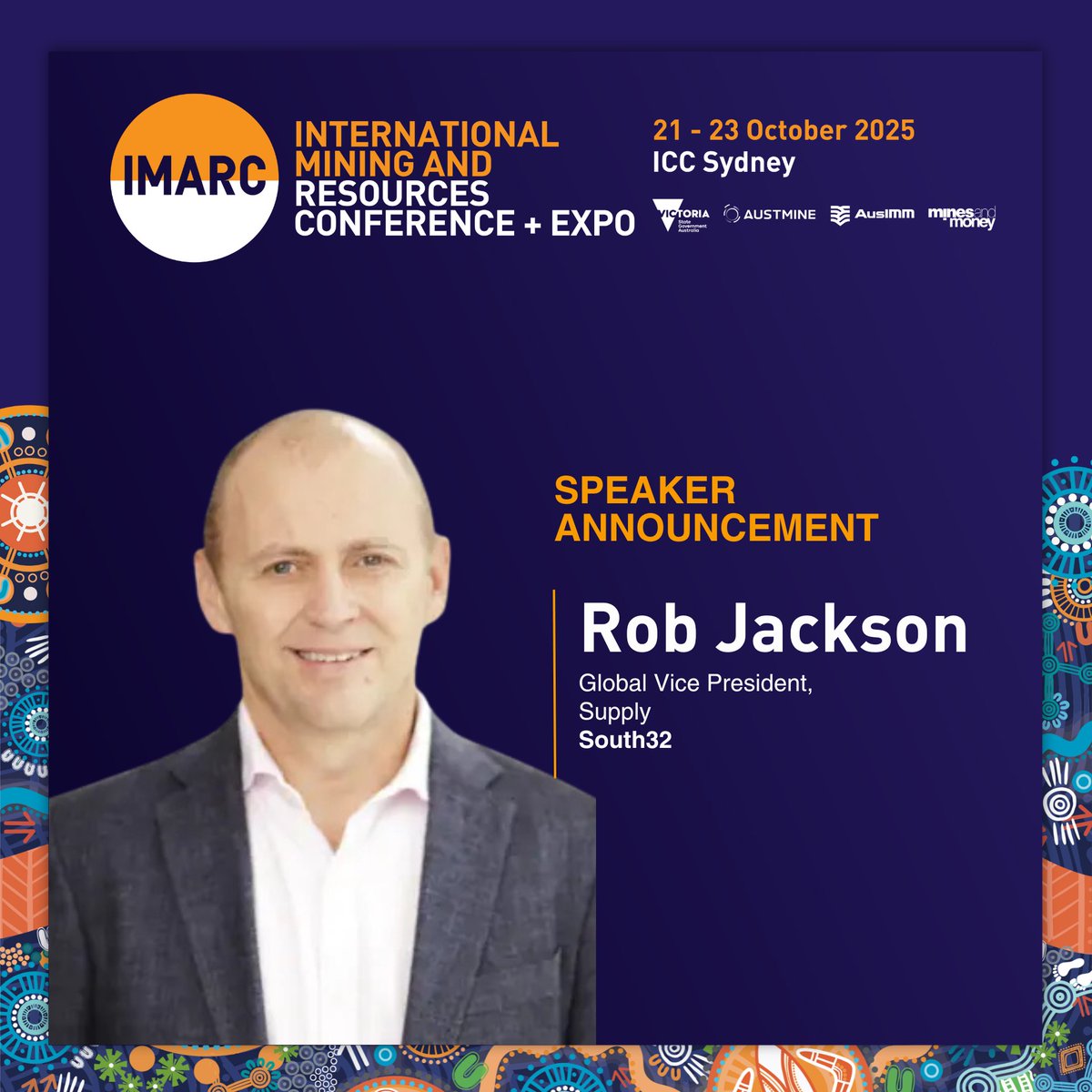 We're excited to welcome Rob Jackson, Global Vice President, Supply at South32, to the IMARC 2025 stage!

Join Rob and 550+ speakers at Australia's largest mining event. 

#IMARC #Mining #Resources #SupplyChain #South32 #MiningLeadership #IMARC