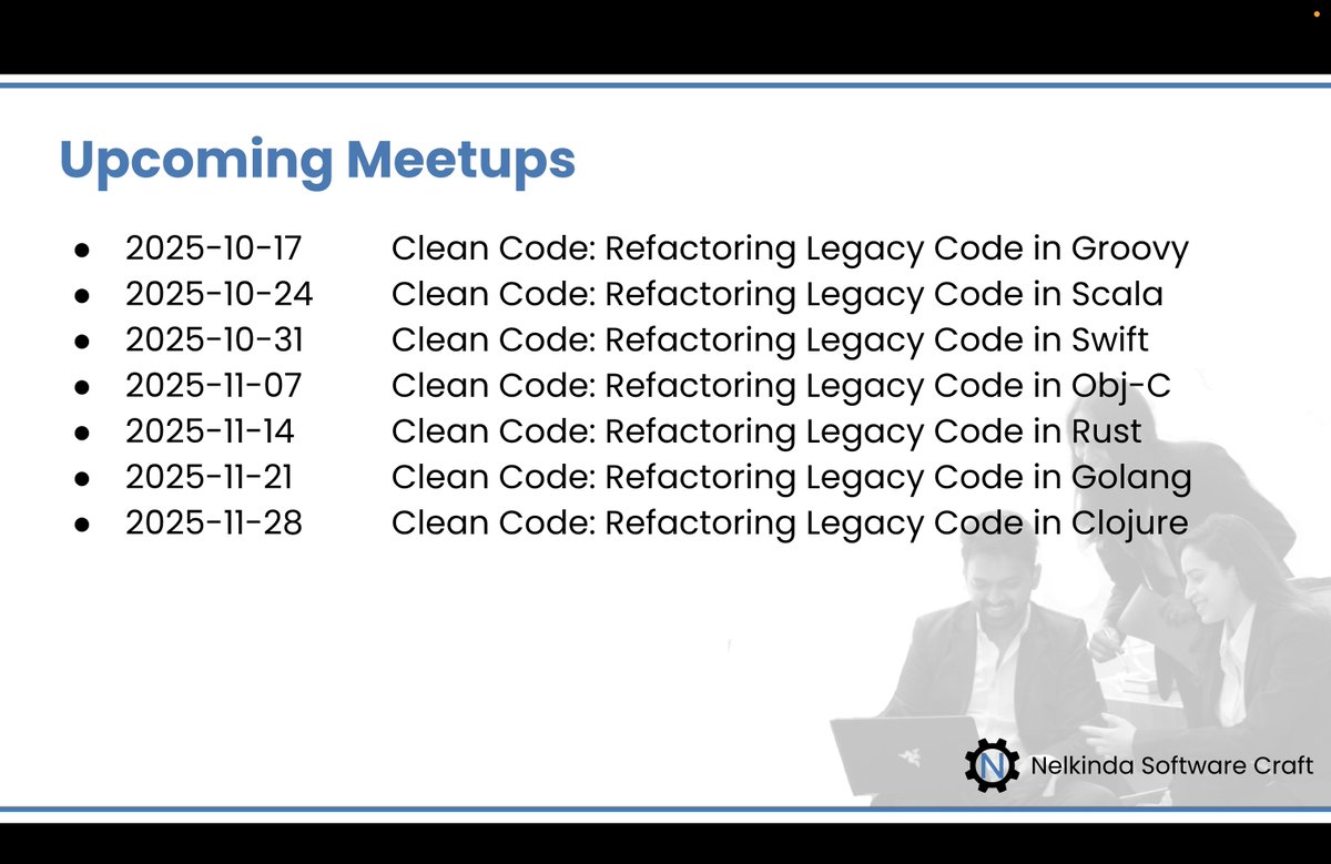 nelkinda's tweet image. Missed our last session because you're not a Java developer? 😅
Don’t worry—we’ve got you covered.
Same legacy mess, new language every week! 💻🧹
Stay tuned for the registration link.
#CleanCode #Refactoring #XP #LegacyCode #SoftwareCraft