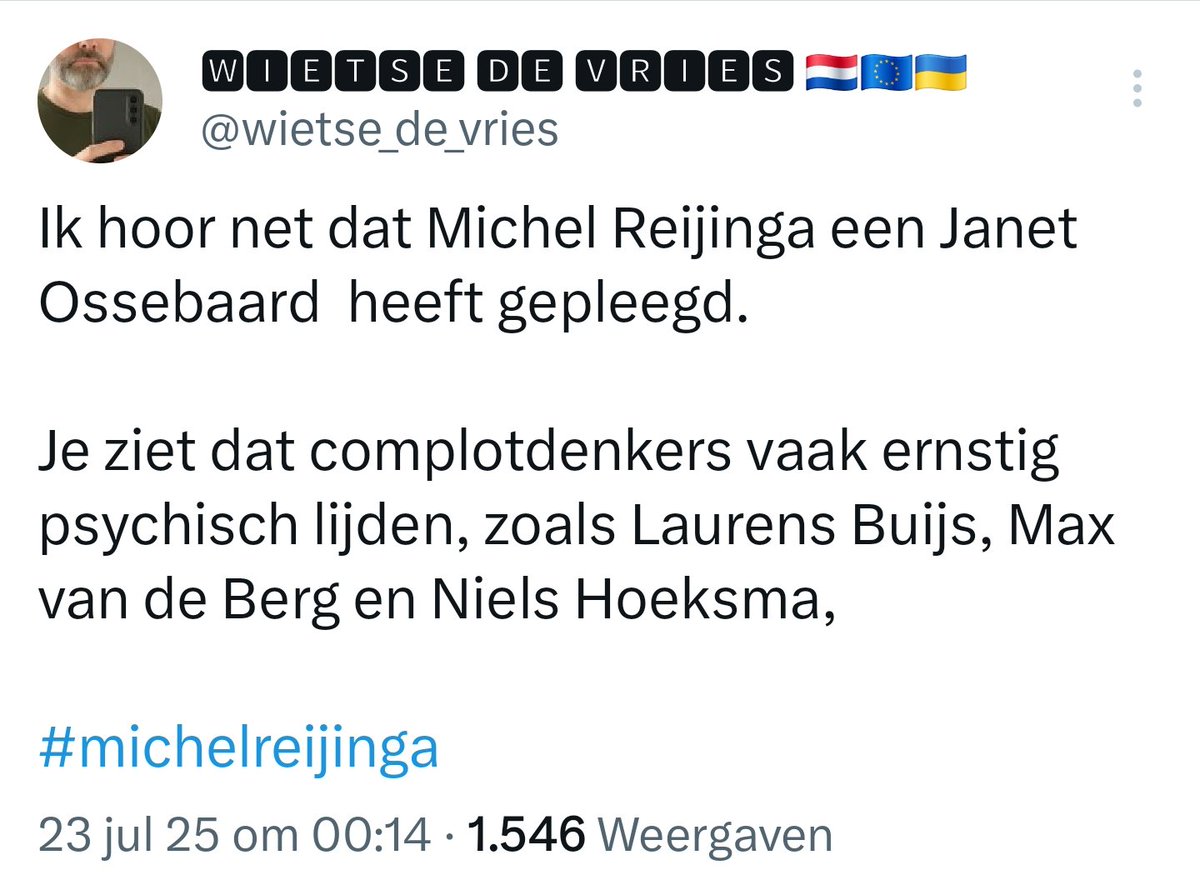 Sandervandam2's tweet image. 'Een Janet Ossebaard gepleegd'.
Wat een diep trieste manier om te vertellen dat iemand zelfmoord gepleegd heeft.