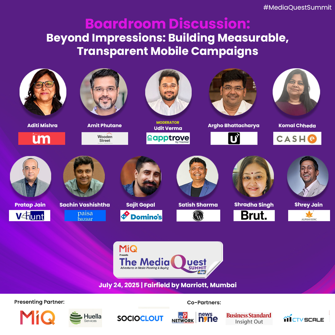 afaqs's tweet photo. #MediaQuestSummit: Join us at for a Boardroom Discussion on: Beyond Impressions: Building Measurable, Transparent Mobile Campaigns
Hear from Aditi Mishra (Lodestar UM), Amit Phutane (Wooden Street), Argho Bhattacharya (PayU), Komal Chheda (CASHe), Pratap Jain (V Hunt), Sachin Vashishtha (PaisaBazaar), Sajit Gopal (Domino’s), Satish Sharma (Physics Wallah), Shradha Singh (Brut.), and Shrey Jain (Alphavedic), moderated by Udit Verma (AppTrove), as they delve into performance, trust, and the future of mobile campaigns.
🗓️ July 24, 2025
📍 Fairfield by Marriott, Mumbai
Register now to be part of the conversation: https://t.co/wAaQBmWeiR
#afaqsEvents #Digital #Advertising #Marketing #Leadership #MediaPlanning #Talks #conference #mediaplanning #mediabuying #advertising #performancemarketing #digital #digitalmedia