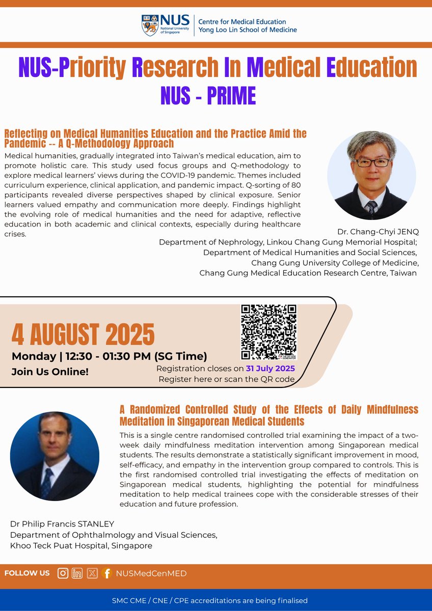 Interested in learning more about the role of #medical #humanities #education in promoting #holistic #care or exploring the impact of #mediation on medical #students?

Register now for the upcoming NUS-PRIME session - nus-sg.zoom.us/meeting/regist…