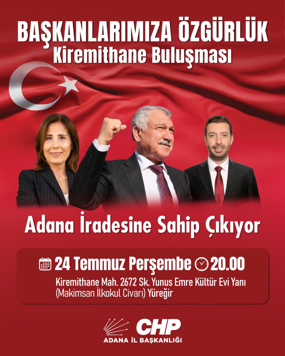 chpadanail's tweet image. 24 Temmuz Perşembe saat 20:00’da demokrasi ve adalet mücadelemize güç vermek için “Başkanlarımıza Özgürlük Kiremithane Buluşmasına” tüm hemşehrilerimizi bekliyoruz.