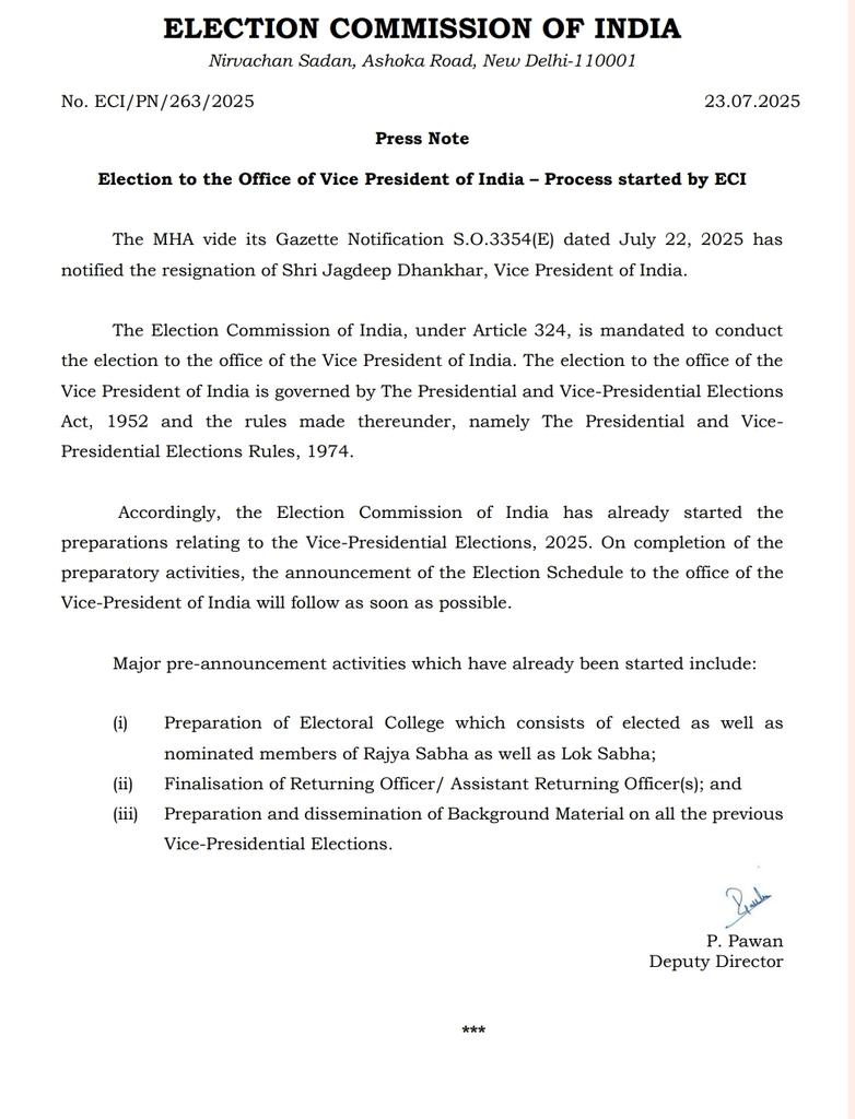 Election Commission starts process for Vice President election <a href="/DeccanHerald/">Deccan Herald</a>