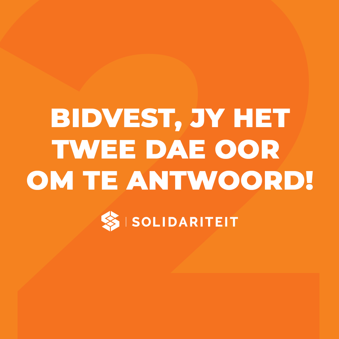 solidariteit's tweet image. Ons het Bidvest gewaarsku! Hul rassediskriminasieprogram is ongrondwetlik. Solidariteit staan gereed om verdere regstappe te neem indien Bidvest nie teen 25 Julie op ons skrywe reageer nie.
Kyk die podsending vir meer inligting oor die Bidvest-saga: bit.ly/40VJHtd