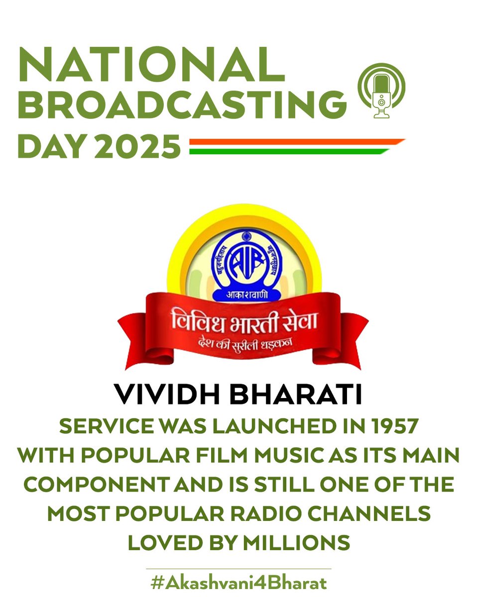 #NationalBroadcastingDay 📻✨  

On this #NationalBroadcastingDay, let’s amplify the rich tapestry of Indian culture, music, and knowledge with Akashvani!

#Akashvani4Bharat <a href="/AkashvaniAIR/">Akashvani आकाशवाणी</a> <a href="/PIB_India/">PIB India</a> <a href="/MIB_India/">Ministry of Information and Broadcasting</a> #Akashvani #AIR #AllIndiaRadio <a href="/prasarbharati/">Prasar Bharati प्रसार भारती</a> <a href="/AshwiniVaishnaw/">Ashwini Vaishnaw</a>
