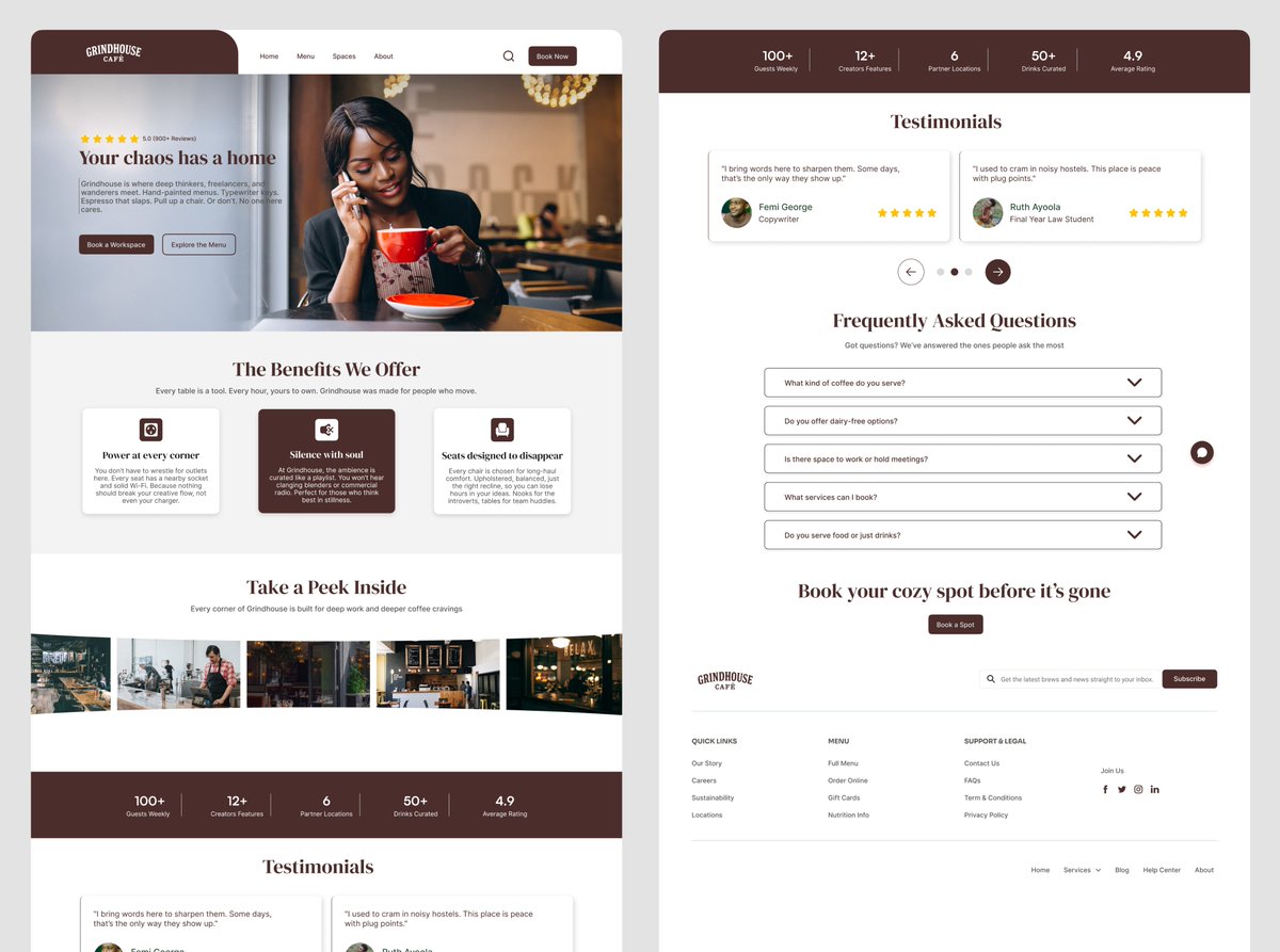 uiuxbytestimony's tweet image. I designed a café website that turns strangers into paying guests
Here’s how I used pure UX psychology to design Grindhouse Cafe as a conversion machine to make people book a workspace before even stepping inside.