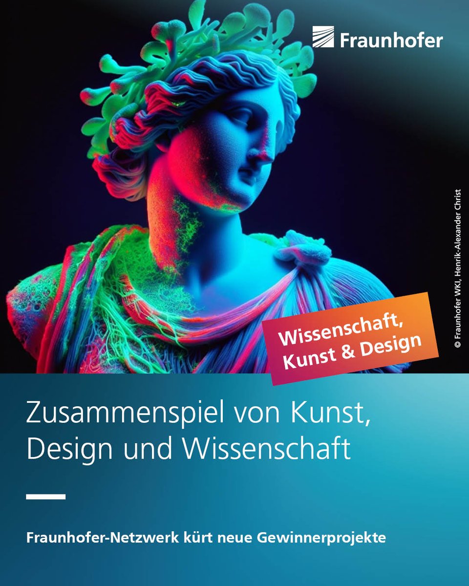 Fraunhofer's tweet image. 🏆...and the winner is...🎇Die neuen fünf Gewinnerprojekte des Rahmenprogramms des Fraunhofer-Netzwerks »Wissenschaft, Kunst und Design« stehen fest.🎨🧪 Wir gratulieren! 💐Mehr Infos👉 s.fhg.de/8UXP
@Fraunhofer_IWU @Fraunhofer_IBP
#Wissenschaft #Kunst #Design
