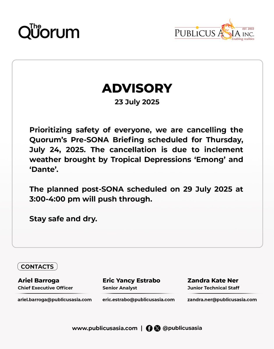publicusasia's tweet image. Advisory on The Quorum's Pre-SONA Briefing
#TheQuorum #PUBLiCUS