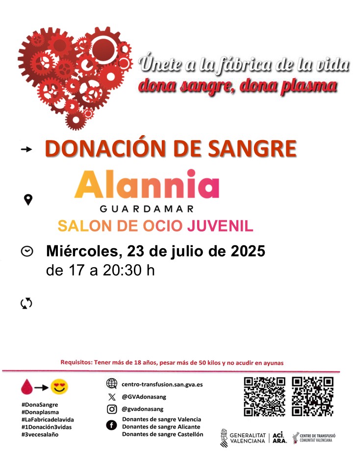 GVAdonasang's tweet image. Dona sangre en #GuardamarDelSegura
📅miércoles #23Julio
En verano siguen habiendo pacientes que necesitan transfusiones periódicas para combatir su enfermedad. 
Anímate a #DonarSang este verano.🏖 ☀️