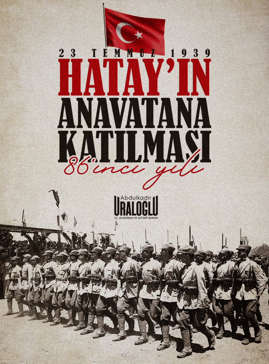 🇹🇷 Hatay’ın Anavatana Katılışının Yıl Dönümü Kutlu Olsun

86 yıl önce milletimizin azim ve kararlılığıyla yürütülen tarihi süreç, Hatay’ın anavatana katılmasıyla taçlandı.

🌍 Hatay, sadece bir coğrafya değil; millî iradenin ve bağımsızlık idealinin güçlü bir tezahürüdür.
