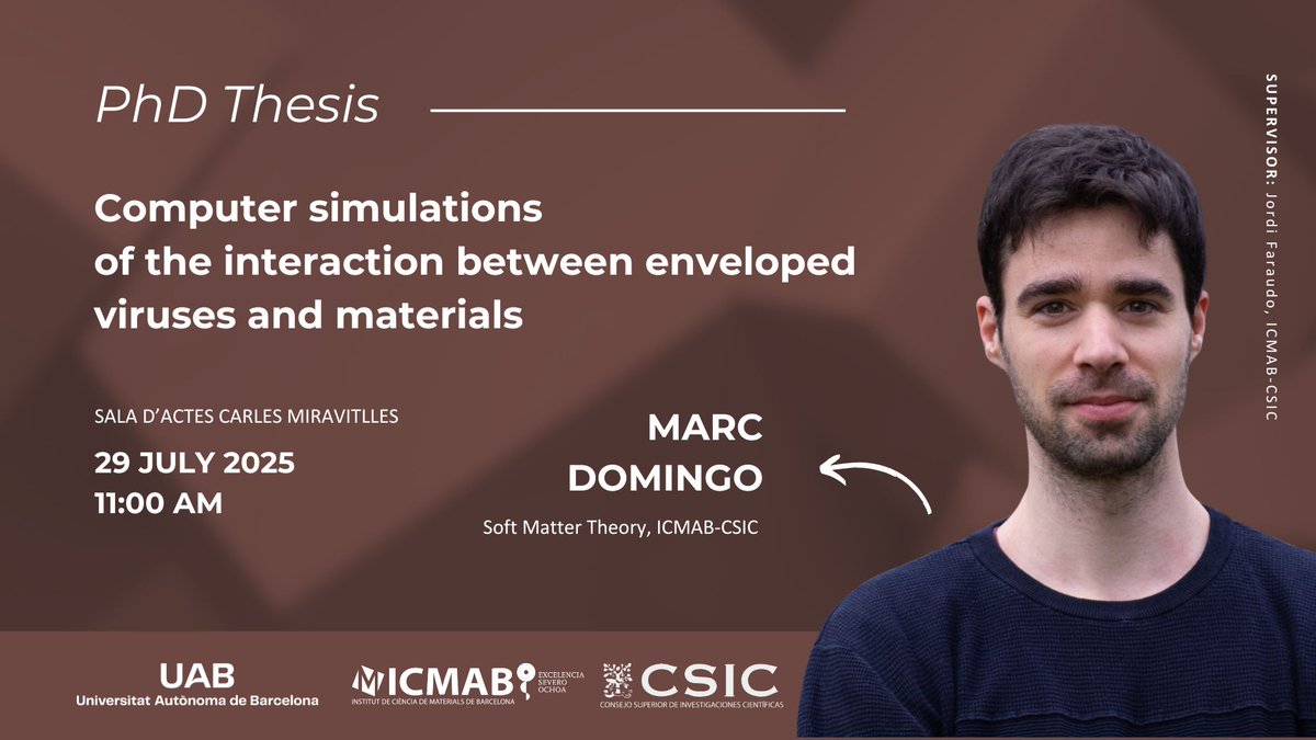 icmabCSIC's tweet image. Next week, Marc Domingo will defend his PhD Thesis!
📢Computer simulations of the interaction between enveloped viruses and materials
🗣️Marc Domingo Cabasés, Soft Matter Theory group
📅Wednesday, 29 July 2025, 11.00 AM
Best of lucks, Marc!
icmab.es/marc-domingo-w…