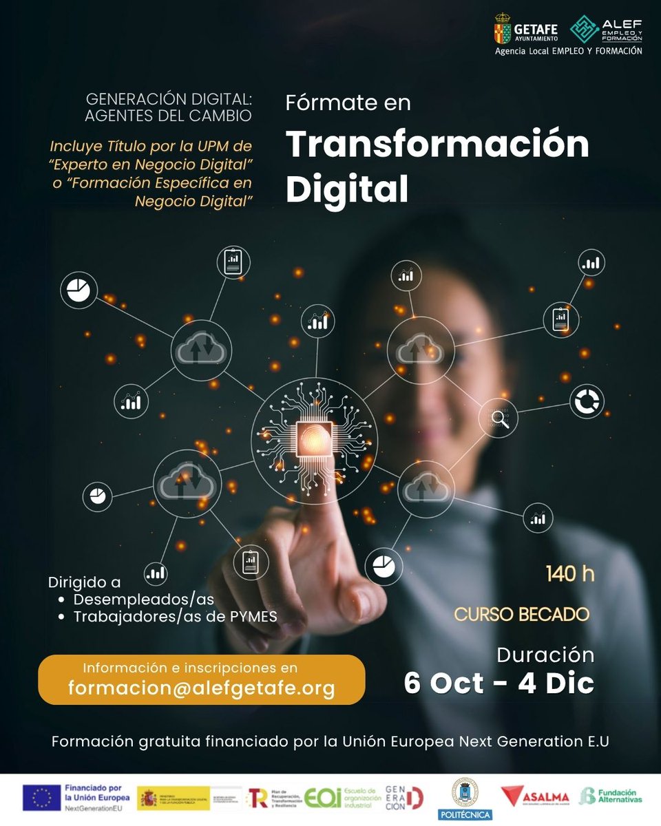 alefgetafe's tweet image. ❗¿Buscas adquirir conocimientos y habilidades necesarios para desarrollar un plan de transformación digital?
¿Te gustaría obtener un título de “Experto en Negocio Digital” o de “Formación Específica en Negocio Digital”?

Inscríbete en &apos;Generación Digital: Agentes del cambio&apos;, un…