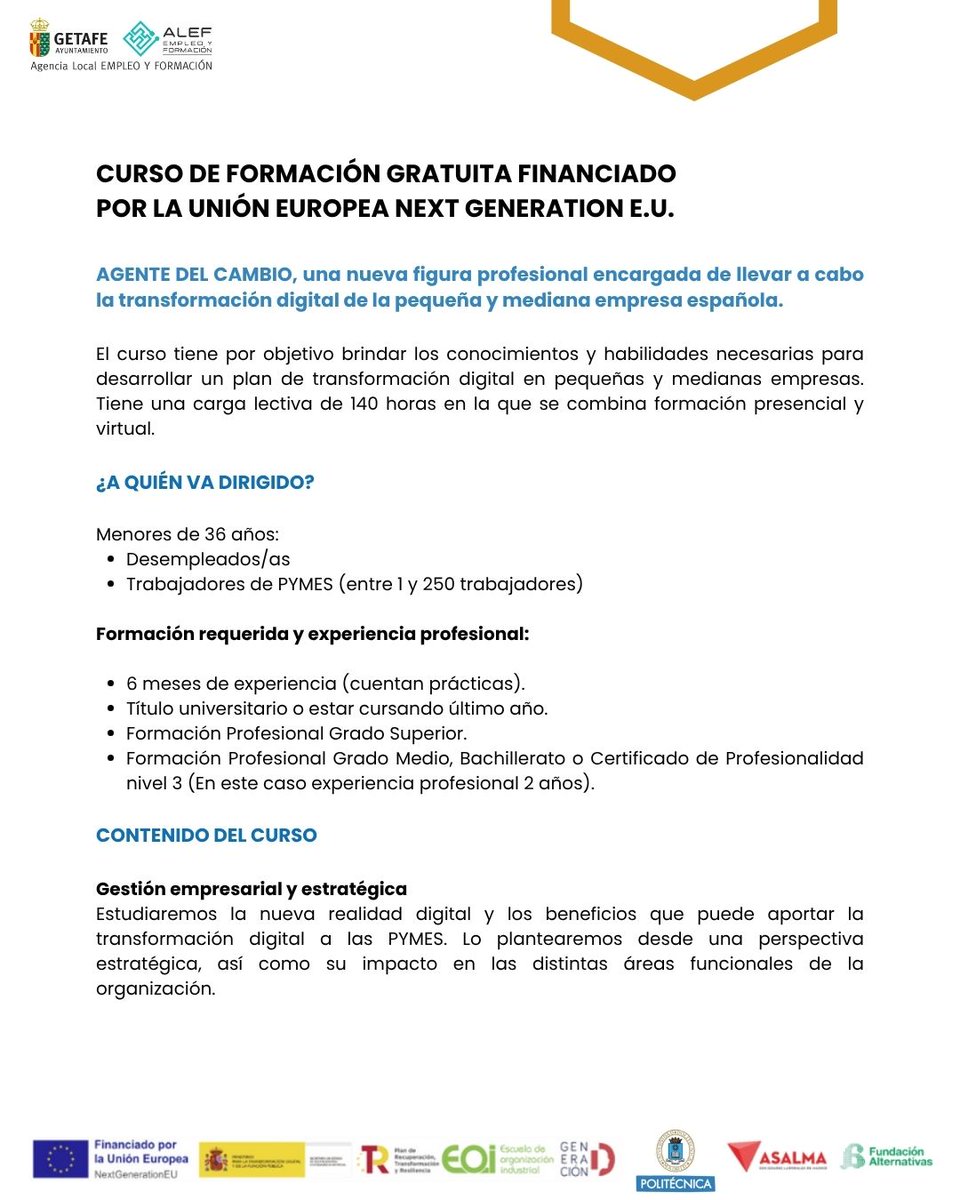 alefgetafe's tweet image. ❗¿Buscas adquirir conocimientos y habilidades necesarios para desarrollar un plan de transformación digital?
¿Te gustaría obtener un título de “Experto en Negocio Digital” o de “Formación Específica en Negocio Digital”?

Inscríbete en &apos;Generación Digital: Agentes del cambio&apos;, un…