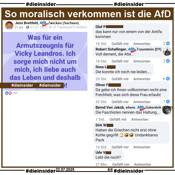 Die_Insider's tweet image. Das kennt man ja. Wer wie #VickyLeandros Haltung zeigt und sich gegen Rechtsextremisten wie #Weidel stellt, hat keine Ahnung und keine eigene Meinung und wird beleidigt! #Vielfalt 🏳️🌈
#LautGegenNazis #NiemalsAfD #AfDVerbot
#GemeinsamGegenHass #DieInsider