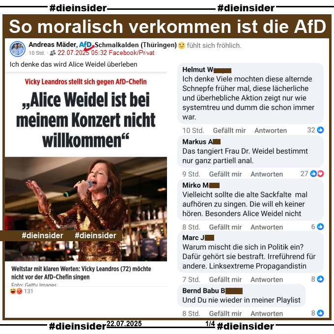 Die_Insider's tweet image. Das kennt man ja. Wer wie #VickyLeandros Haltung zeigt und sich gegen Rechtsextremisten wie #Weidel stellt, hat keine Ahnung und keine eigene Meinung und wird beleidigt! #Vielfalt 🏳️🌈
#LautGegenNazis #NiemalsAfD #AfDVerbot
#GemeinsamGegenHass #DieInsider
