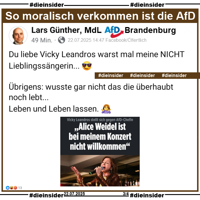 Die_Insider's tweet image. Das kennt man ja. Wer wie #VickyLeandros Haltung zeigt und sich gegen Rechtsextremisten wie #Weidel stellt, hat keine Ahnung und keine eigene Meinung und wird beleidigt! #Vielfalt 🏳️🌈
#LautGegenNazis #NiemalsAfD #AfDVerbot
#GemeinsamGegenHass #DieInsider