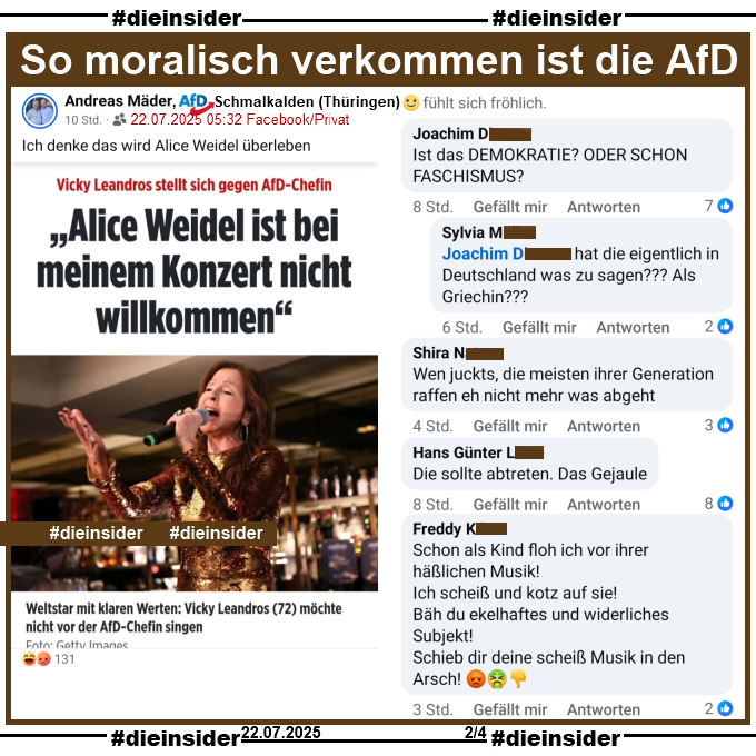 Die_Insider's tweet image. Das kennt man ja. Wer wie #VickyLeandros Haltung zeigt und sich gegen Rechtsextremisten wie #Weidel stellt, hat keine Ahnung und keine eigene Meinung und wird beleidigt! #Vielfalt 🏳️🌈
#LautGegenNazis #NiemalsAfD #AfDVerbot
#GemeinsamGegenHass #DieInsider