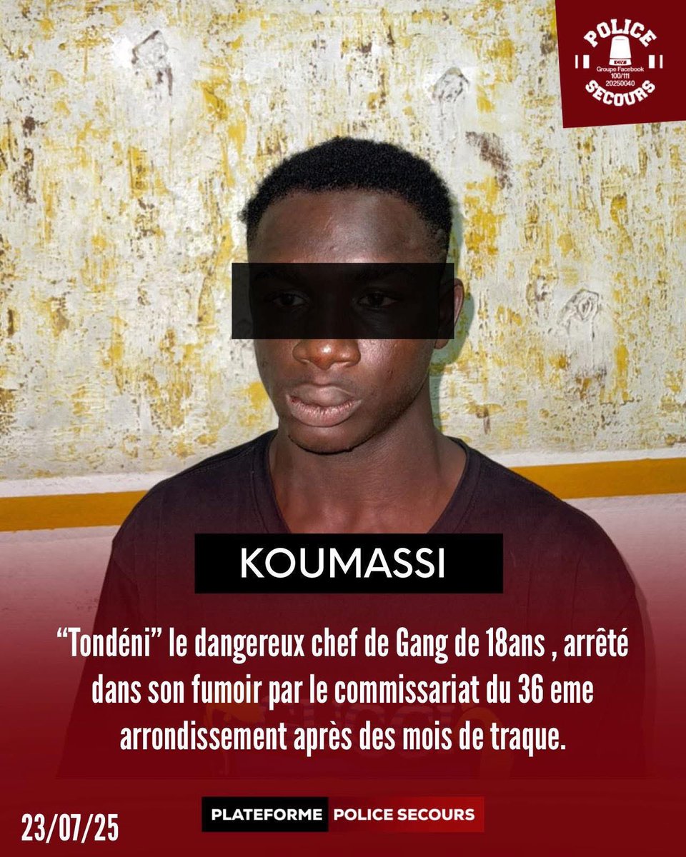 #Info
🔴 Koumassi: le dangereux “Tondéni” enfin arrêté.

Il était l’un des jeunes les plus redoutés de Koumassi. À seulement 18 ans, SD alias Tondéni, faisait régner la peur dans plusieurs quartiers de la commune. 
Bagarres à la machette, agressions en groupe, vols en pleine rue.