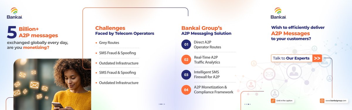 If you're ready to move from reactive to revenue-driven messaging, our team is here to help.
 
Explore more: bit.ly/3XtrH7Q
 
#A2PMessaging #TelecomRevenue #MessagingSecurity #SMSMonetization #BankaiGroup #DigitalTelco #CarrierSolutions
