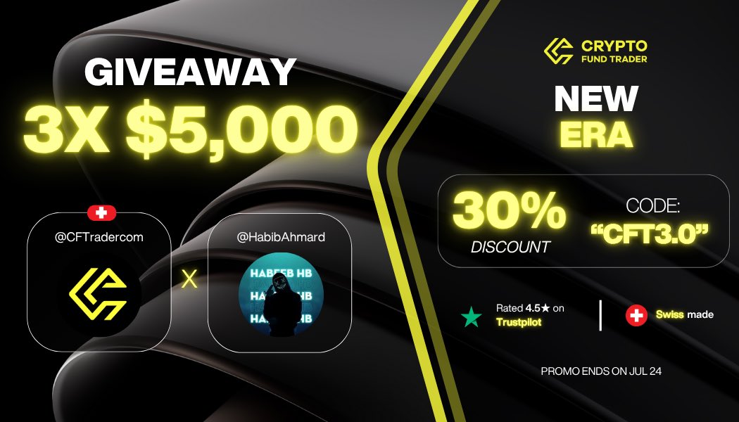 Habeeb 😎☠️ (@habibahmard) on Twitter photo GIVEAWAY TIME
3x 5k challenge accounts
To participate
1 ) follow : <a href="/CFTradercom/">Crypto Fund Trader</a> <a href="/CFTradercomES/">Crypto Fund Trader Español</a> <a href="/HabibAhmard/">Habeeb 😎☠️</a> & <a href="/9Trade100/">100%</a>
2 ) like, Retweet and tag 3 friends
End in 72 hours GIVEAWAY TIME
3x 5k challenge accounts
To participate
1 ) follow : <a href="/CFTradercom/">Crypto Fund Trader</a> <a href="/CFTradercomES/">Crypto Fund Trader Español</a> <a href="/HabibAhmard/">Habeeb 😎☠️</a> & <a href="/9Trade100/">100%</a>
2 ) like, Retweet and tag 3 friends
End in 72 hours