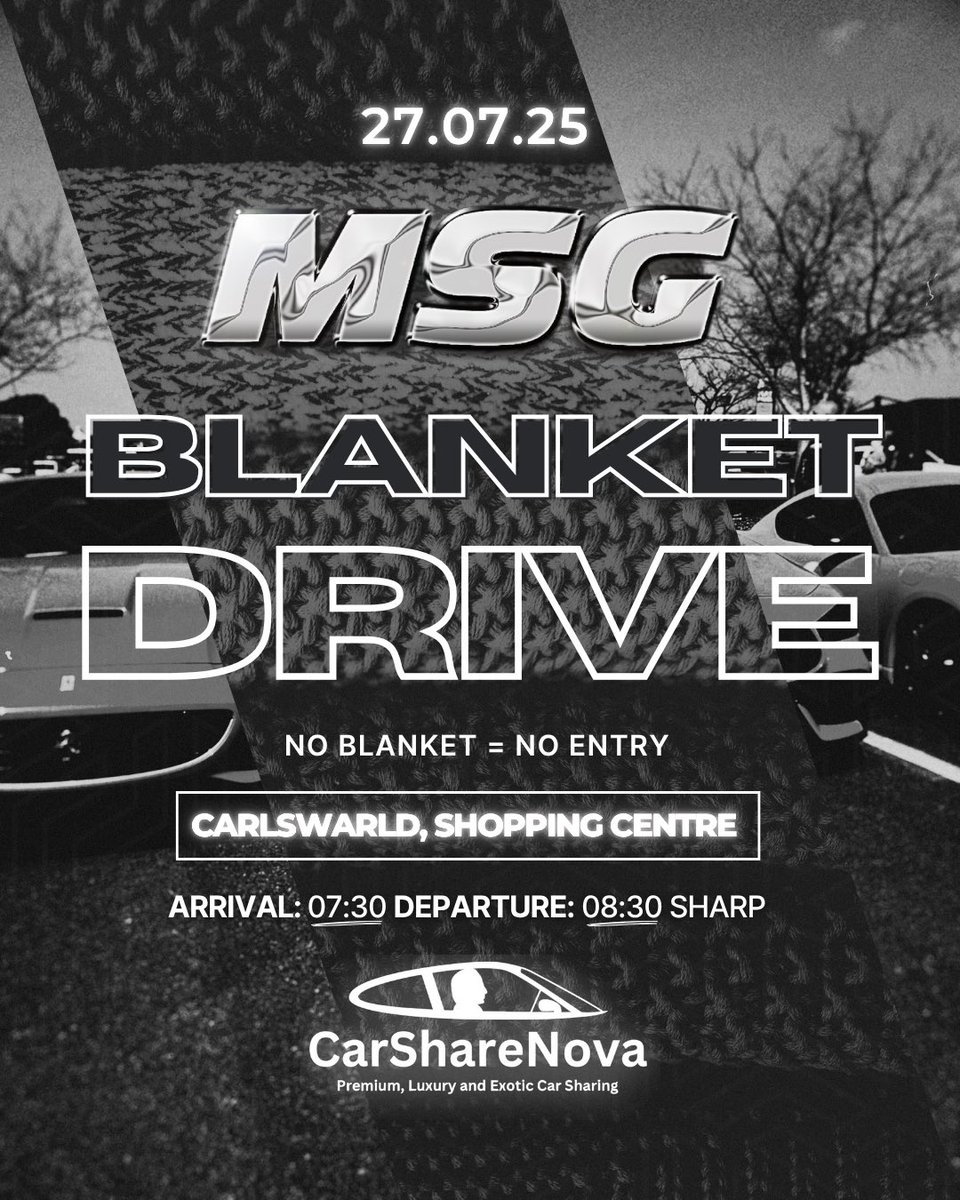 Blanket Drive 🧣🚗
Pull up in style, but don’t come empty-handed!
📍 Carsworld Shopping Centre
🕢 Arrival: 07:30 | 🕣 Departure: 08:30 sharp
❗ NO BLANKET = NO ENTRY
#BlanketDrive #CarShareNova #MSG #DriveForGood