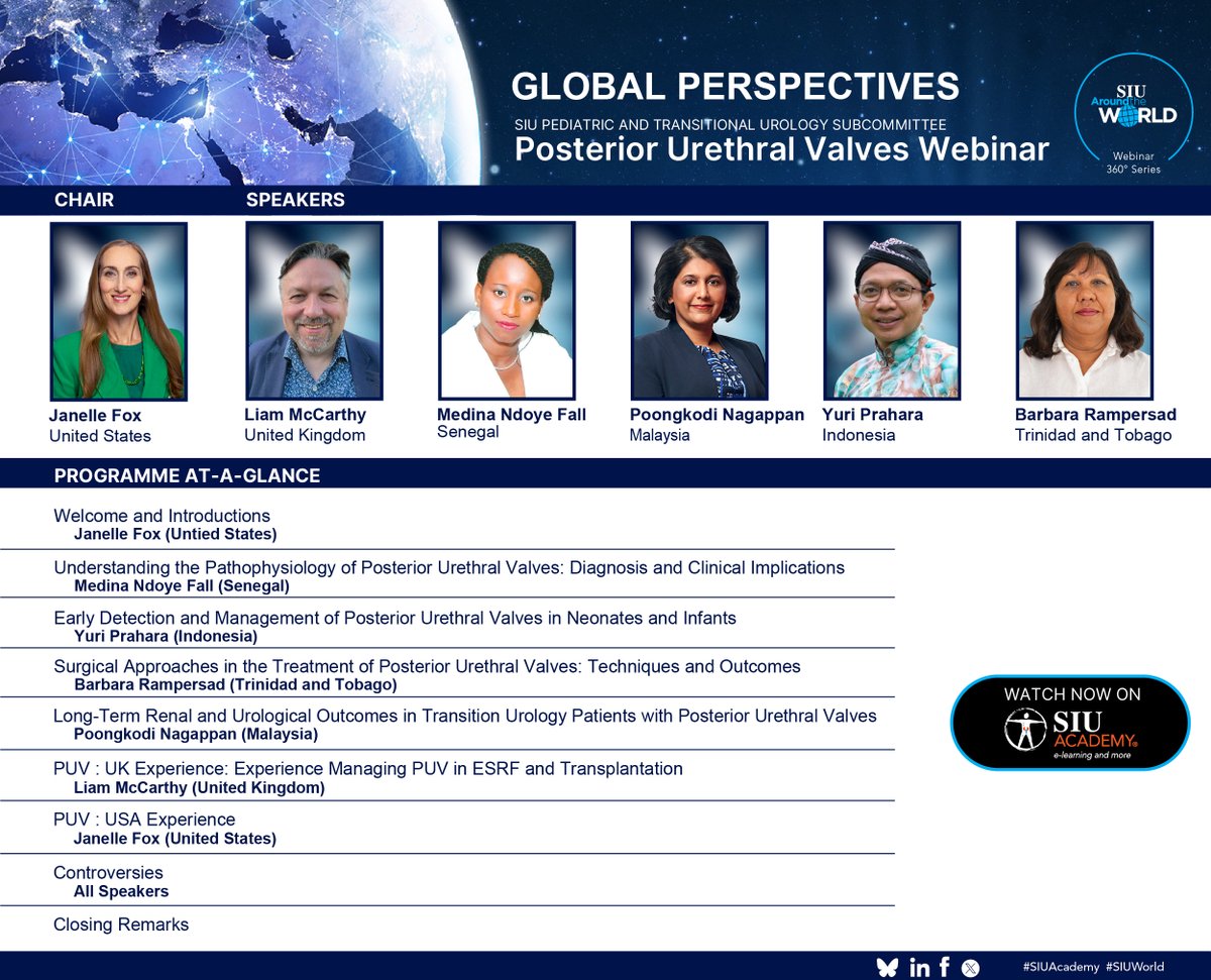 SIU_urology's tweet image. 🩺 Posterior Urethral Valves(PUV)—a key cause of urinary blockage in newborn boys.
Experts share insights on late diagnosis, kidney impact, teen care gaps & new research breakthroughs.
New Webinar on #SIUAcademy: bit.ly/3TVA4a1