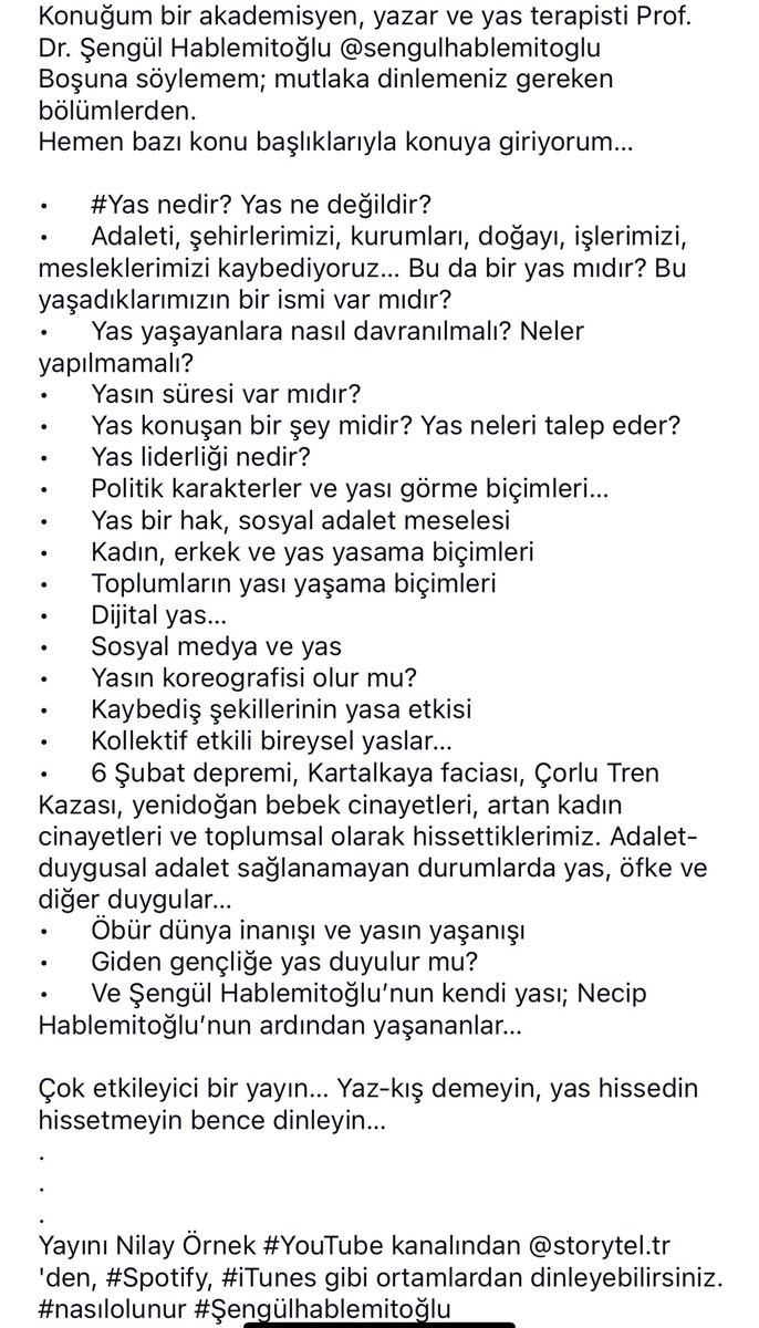 Nasıl Olunur'un 244'üncü bölümünde konuğum bir akademisyen, yazar ve yas terapisti Prof. Dr. Şengül Hablemitoğlu <a href="/s_hablemitoglu/">şengül hablemitoğlu</a> 
Boşuna söylemem; mutlaka dinlemeniz gereken bölümlerden youtu.be/MJ1-U2FWdPs?si…