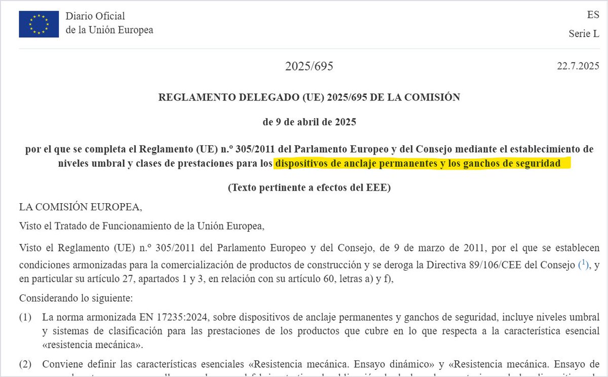 🔧 La UE refuerza la seguridad en trabajos en altura con nuevos requisitos para dispositivos de anclaje y ganchos de seguridad.

📏 Nuevos umbrales y clases de prestaciones ya en vigor.

📘 ¡Conoce los detalles del Reglamento 2025/695!
👉 run.gob.es/dmva1bda