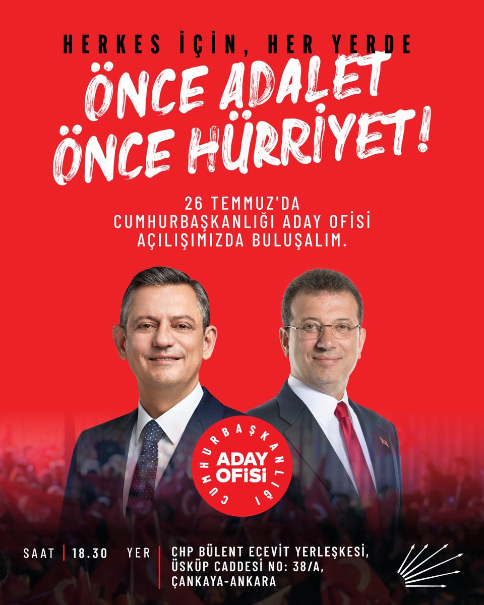avsbulbul's tweet image. Herkes için, her yerde,
Önce Adalet Önce Hürriyet!
26 Temmuz Cumartesi Cumhurbaşkanlığı Aday Ofisi açılışımızda buluşuyoruz!
