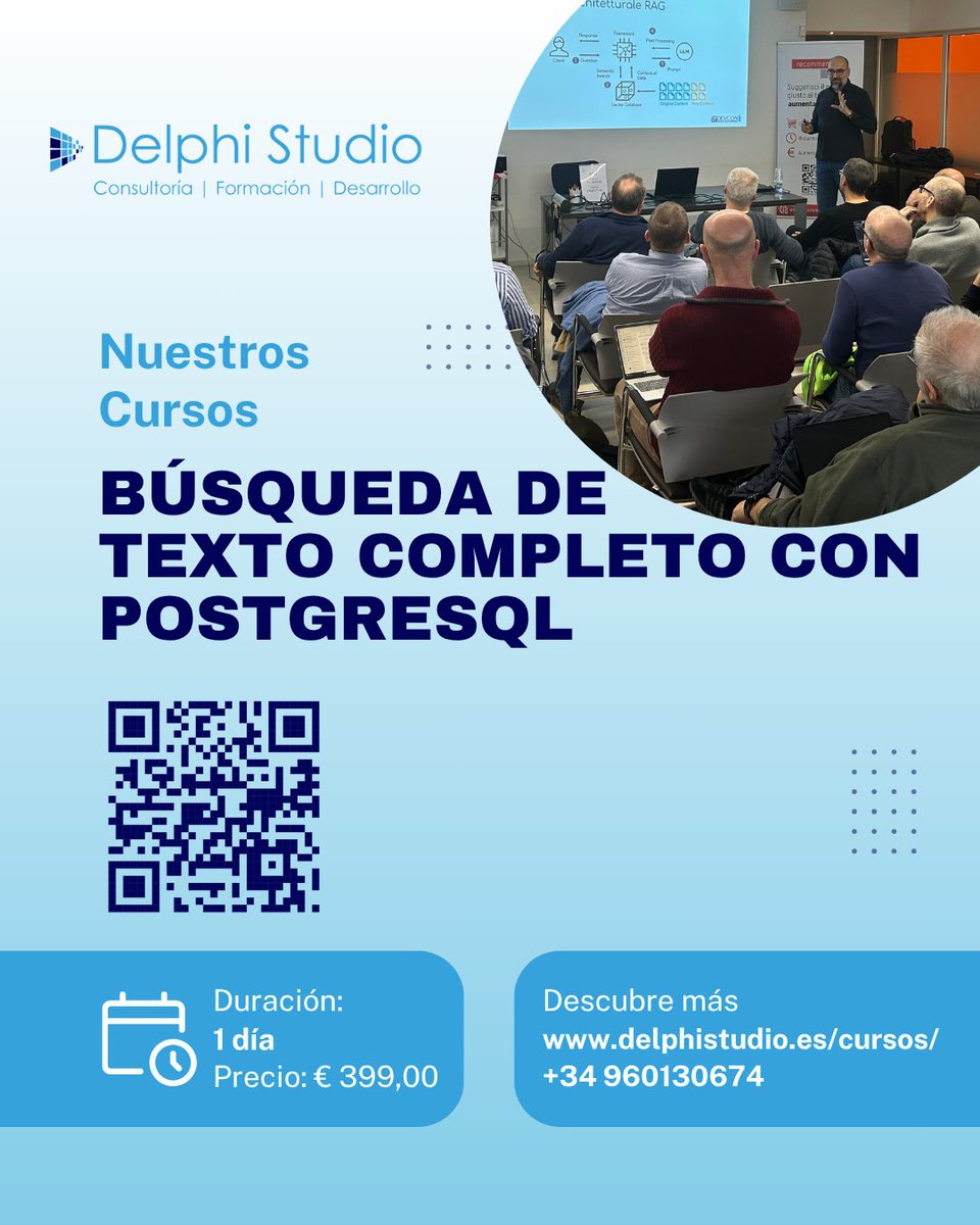 delphistudio_es's tweet image. Guía práctica para la búsqueda de texto completo con PostgreSQL
Opciones de Curso: en clase o personalizado (también online)
Profesor: Daniele Teti, MVP de Embarcadero y autor de la guía oficial de DMVCFramework.
Para más información ➡ delphistudio.es/cursos/postgre…