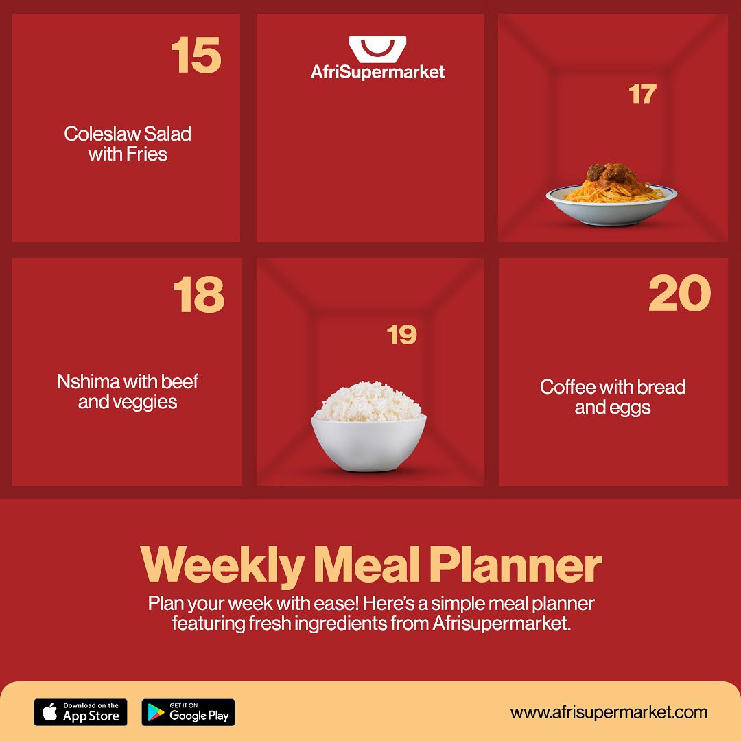 📝 Your Week, Planned Deliciously!
Let us take the guesswork out of mealtime with our easy and tasty Weekly Meal Planner 🍽️ Featuring fresh, quality ingredients straight from Afrisupermarket, every day is sorted—from coleslaw and fries to nshima with beef and veggies!