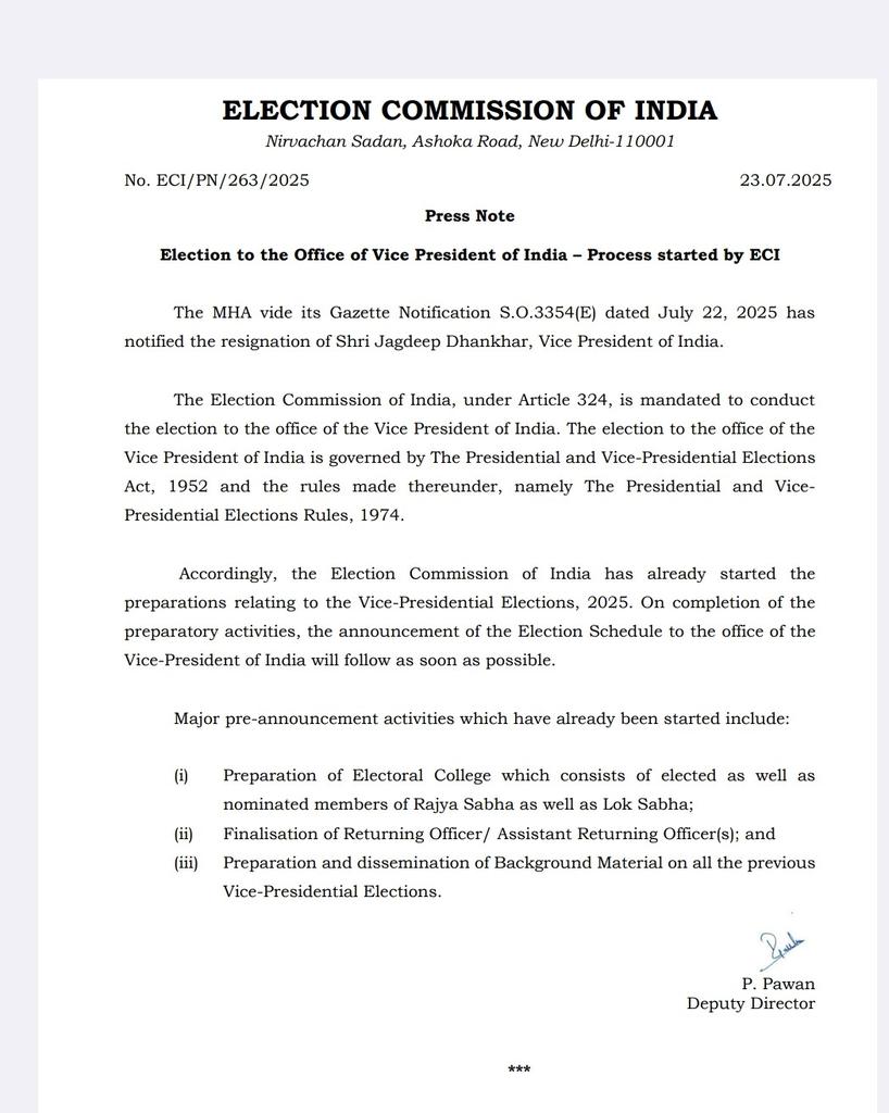 #Breaking : ECI begins with the process of electing the next Vice-President of India. #MonsoonSession2025 #JagdeepDhankhar