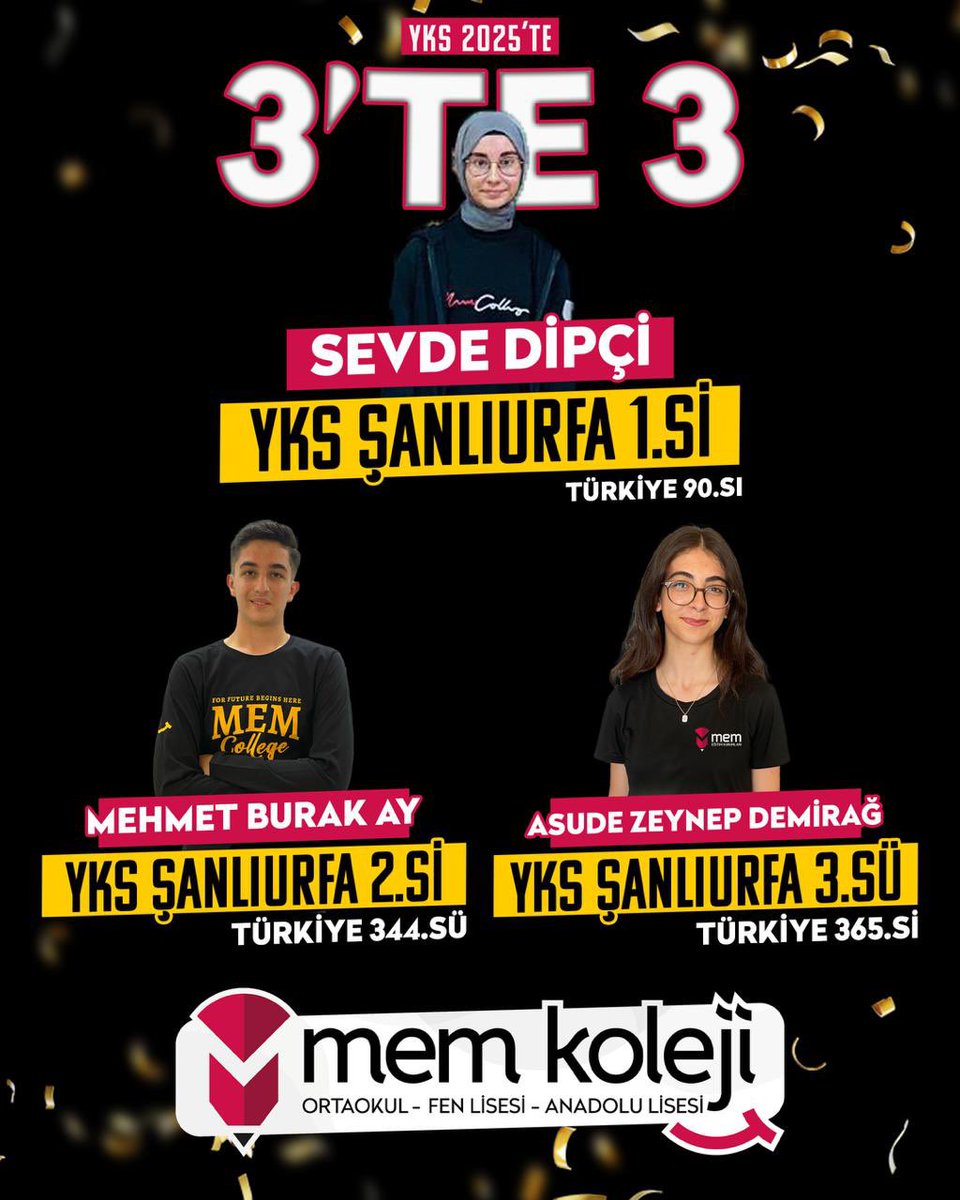 Mem Koleji Sunar.
3’ü “1” Arada👏👏👏
YKS Şanlıurfa il 1. si il 2. si ve il 3. sü tek bir okuldan🧿🧿🧿
#sanliurfa #yks2025