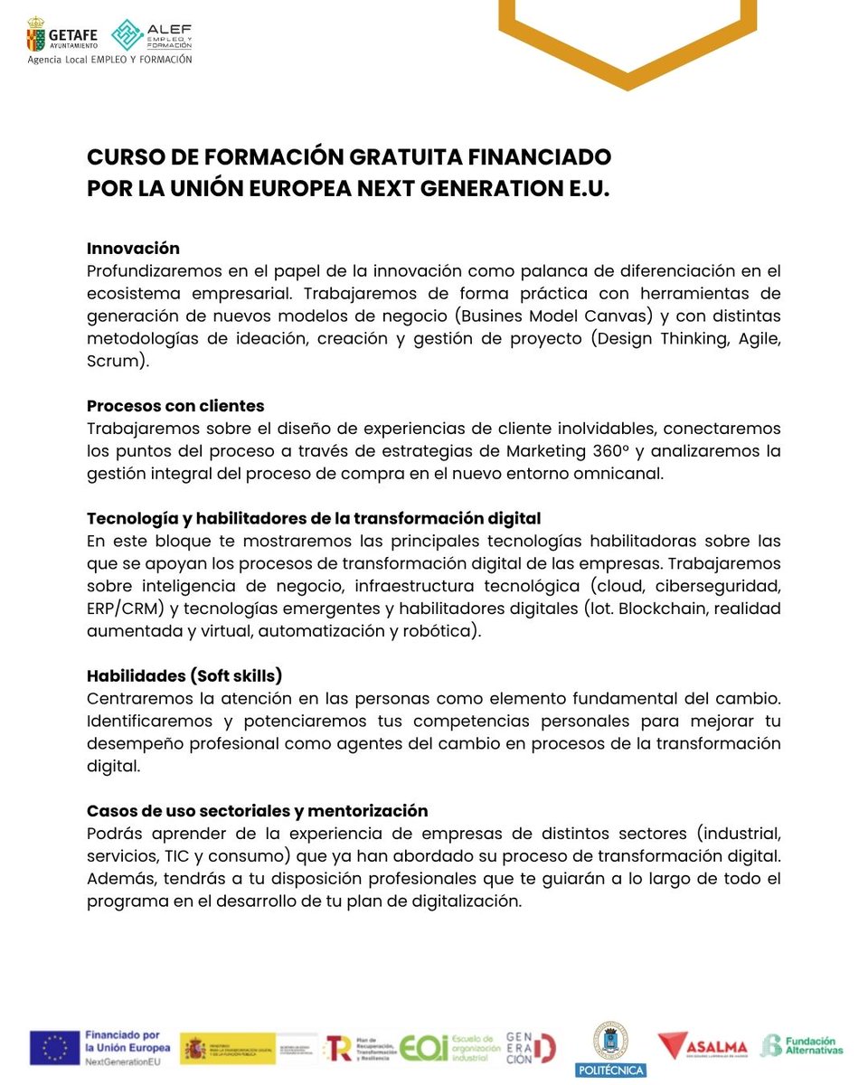 alefgetafe's tweet image. ❗¿Buscas adquirir conocimientos y habilidades necesarios para desarrollar un plan de transformación digital?
¿Te gustaría obtener un título de “Experto en Negocio Digital” o de “Formación Específica en Negocio Digital”?

Inscríbete en &apos;Generación Digital: Agentes del cambio&apos;, un…