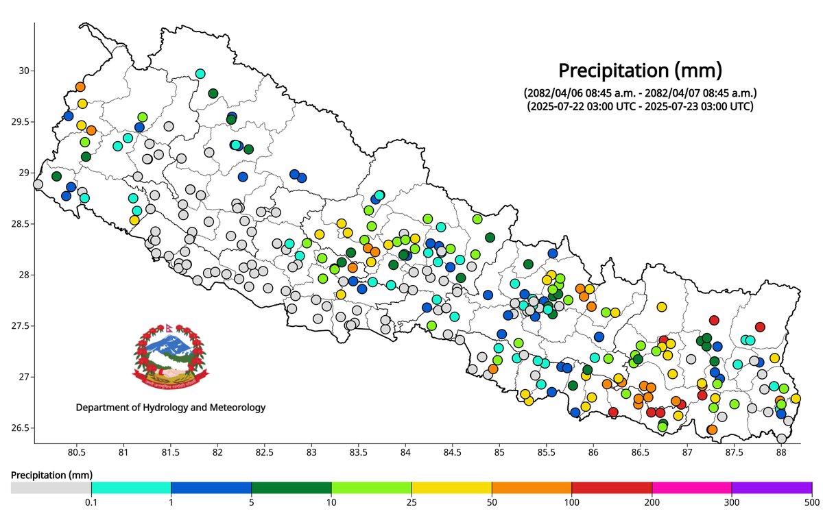 ClimateDhm's tweet image. #Daily_Weather_Summary_23rd_July_2025The highest daily precipitation (135.8mm) is recorded at Kalyanpur (Saptari) today. The highest temperature (38.5°C) is recorded at Jaleshwor (Mahottari) and the lowest (13.3°C) at Lukla (Solukhumbhu). For more, visit dhm.gov.np/climate-