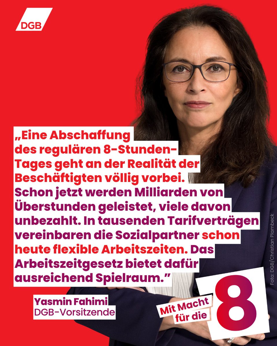 dgb_news's tweet image. #8hTag abschaffen?! Was die Bundesregierung (@CDU/@CSU, @spdde) jetzt anstrebt, ist die einseitige Verlagerung der Gestaltung von Arbeitszeiten zugunsten der Arbeitgeber – einschließlich ihrer Verlängerung. Mit Symbolpolitik soll von den strukturellen Ursachen der…