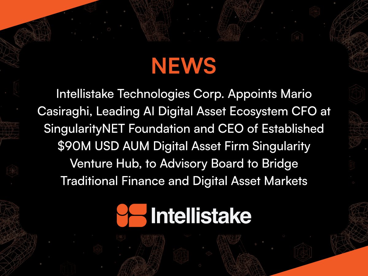 intellistake's tweet image. Intellistake Technologies Corp. Appoints Mario Casiraghi, Leading AI Digital Asset Ecosystem CFO at SingularityNET Foundation and CEO of Established $90M USD AUM Digital Asset Firm Singularity Venture Hub, to Advisory Board to Bridge Traditional Finance and Digital Asset Markets…