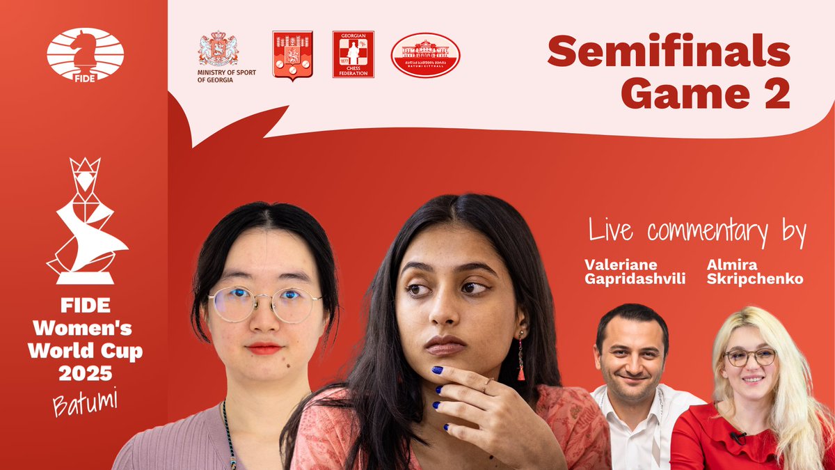 FIDE_chess's tweet image. 🔥 Semifinals, Game 2 of the FIDE Women's World Cup begins in 1 hour! #FIDEWorldCup
🎥 Follow with live commentary:
youtube.com/live/ww0pabZgf…
🔇 Silent broadcasts:
🇮🇳 Humpy Koneru vs Lei Tingjie 🇨🇳
youtube.com/live/AeqDYcTHg…
🇮🇳 Divya Deshmukh vs Tan Zhongyi 🇨🇳…