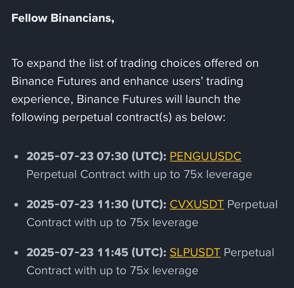 Berit1p's tweet image. 🚨 New #Binance Futures Listings
#Binance will list the following perpetual contracts (up to 75x leverage):
$PENGU / $USDC - 13:00 IST | 07:30 UTC
$CVX / $USDT - 17:00 IST | 11:30 UTC
$SLP / $USDT - 17:15 IST | 11:45 UTC