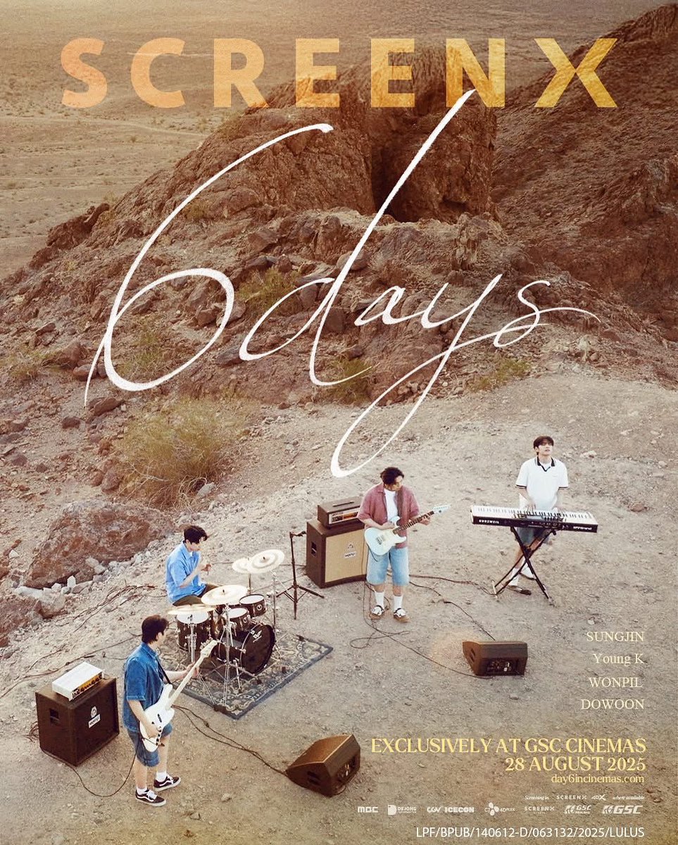 GSC (@gscinemas) on Twitter photo π¬ The #6DAYS #ScreenX poster is here!
Get ready to feel the thrill of busking across breathtaking landscapes with SCREENX βa ππππ ππ ππ’π πΏπππ journey with #DAY6, only at GSC this 28 August! ππΆ
#DAY6 #6DAYS #MyDay #GSCMovies #SungJin #YoungK #Wonpil #Dowoon π¬ The #6DAYS #ScreenX poster is here!
Get ready to feel the thrill of busking across breathtaking landscapes with SCREENX βa ππππ ππ ππ’π πΏπππ journey with #DAY6, only at GSC this 28 August! ππΆ
#DAY6 #6DAYS #MyDay #GSCMovies #SungJin #YoungK #Wonpil #Dowoon