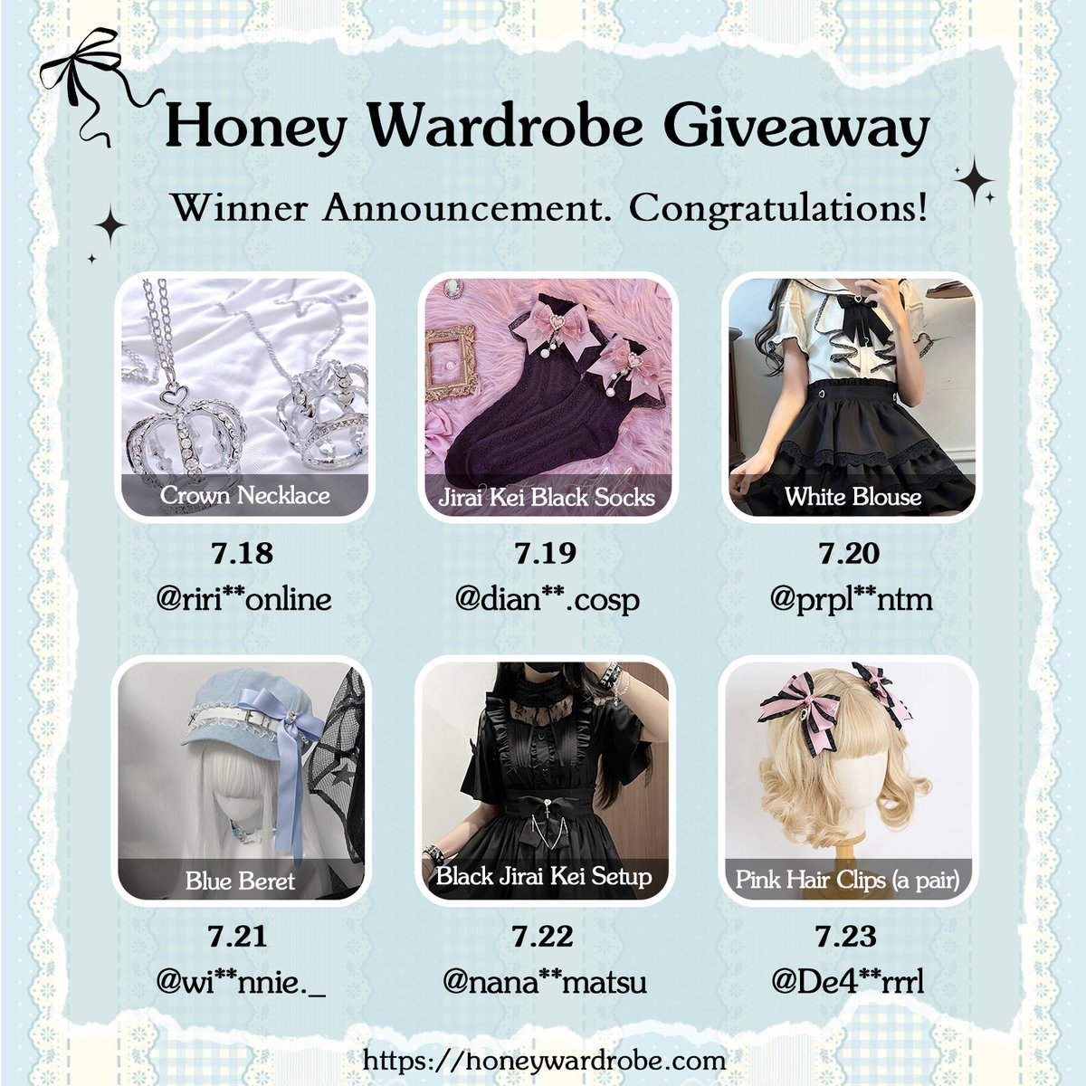 honeywardrobe07's tweet image. 🎉 The Giveaway Winners Are Here! 🎉
Thank you all for participating in our giveaway! Please check the image below to see if you’re on the list.
We will be reaching out to each winner within the next 24 hours. Congratulations to everyone who won! 💖
#GiveawayWinners #JFashion