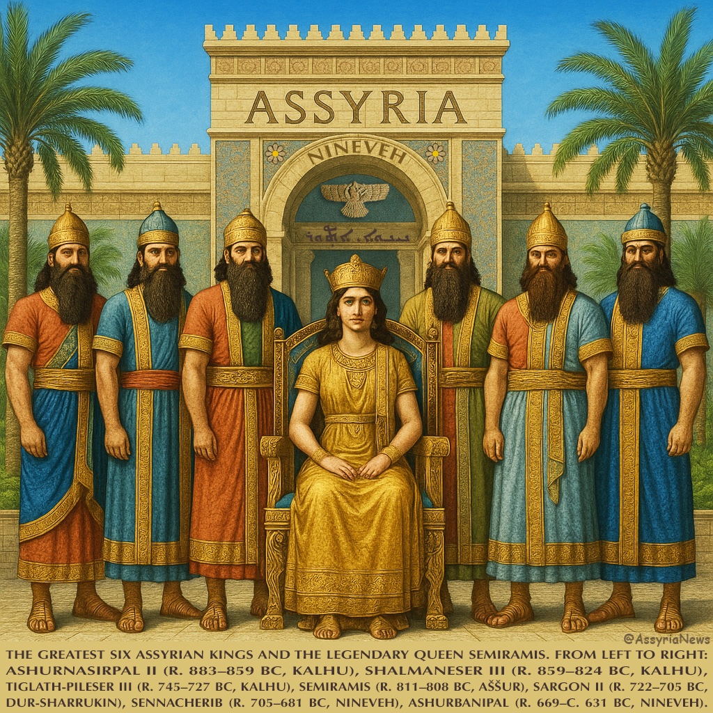 TodayAssyria's tweet image. Ashurnasirpal II (r. 883–859 BC, Kalhu), Shalmaneser III (r. 859–824 BC, Kalhu) Tiglath-Pileser III (r. 745–727 BC Kalhu) Semiramis (r. 811–808 BC #Aššur) Sargon II (r. 722–705 BC Dur-Sharrukin) Sennacherib (r. 705–681 BC, Nineveh) Ashurbanipal (r. 669-631 BC, Nineveh) #Assyrian