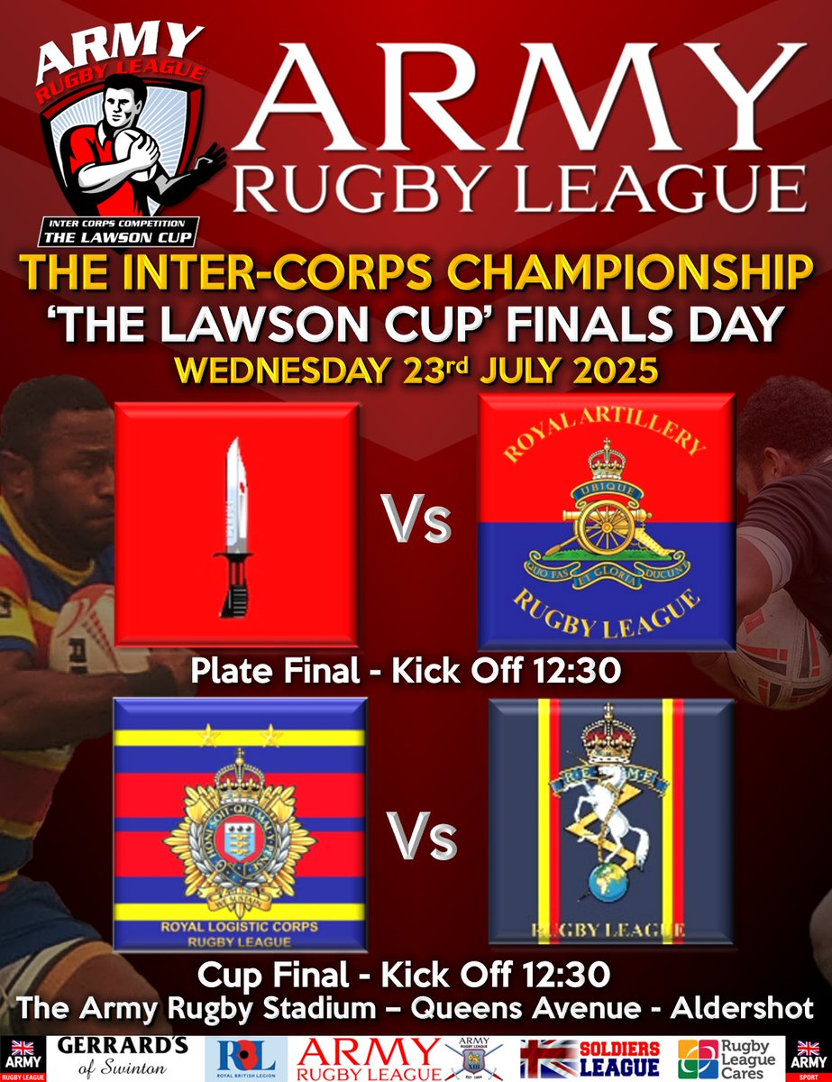 Army Rugby League (@armyrugbyleague) on Twitter photo It's Lawson Cup Finals Day!
2 enormous games at the Army Rugby Stadium and we'd love your support!
12:30 the 3rd v 4th Plate Final
<a href="/Infantry_RL/">Infantry Rugby League</a> <a href="/GunnerRugby/">GunnerRugby</a>
2:30 THE LAWSON CUP FINAL!
<a href="/UKArmyLogistics/">The Royal Logistic Corps</a> ๐ <a href="/REME_Rugby/">REME Rugby ๐น๐ฉ๐๐๐๐น๐ฉ</a>
Can't wait! 's going to be a great day #rugbyleague It's Lawson Cup Finals Day!
2 enormous games at the Army Rugby Stadium and we'd love your support!
12:30 the 3rd v 4th Plate Final
<a href="/Infantry_RL/">Infantry Rugby League</a> <a href="/GunnerRugby/">GunnerRugby</a>
2:30 THE LAWSON CUP FINAL!
<a href="/UKArmyLogistics/">The Royal Logistic Corps</a> ๐ <a href="/REME_Rugby/">REME Rugby ๐น๐ฉ๐๐๐๐น๐ฉ</a>
Can't wait! 's going to be a great day #rugbyleague