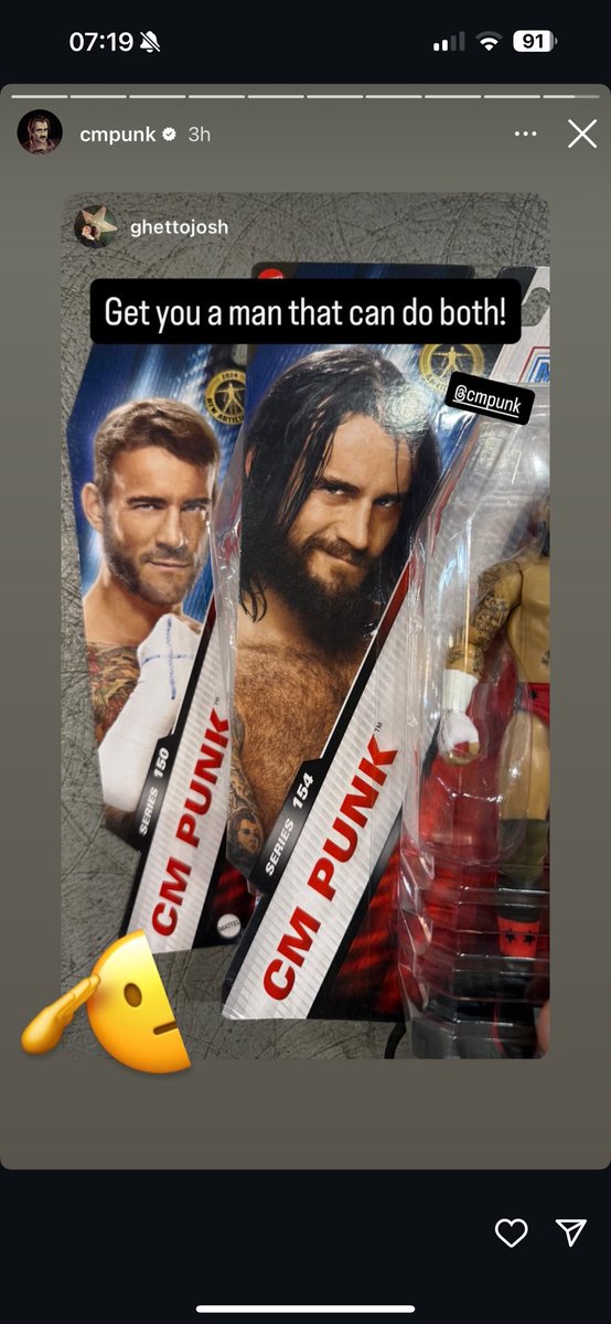 CMPunkStories's tweet image. CM Punk reposts a story of his very different looks in action figure form.
22nd July 2025