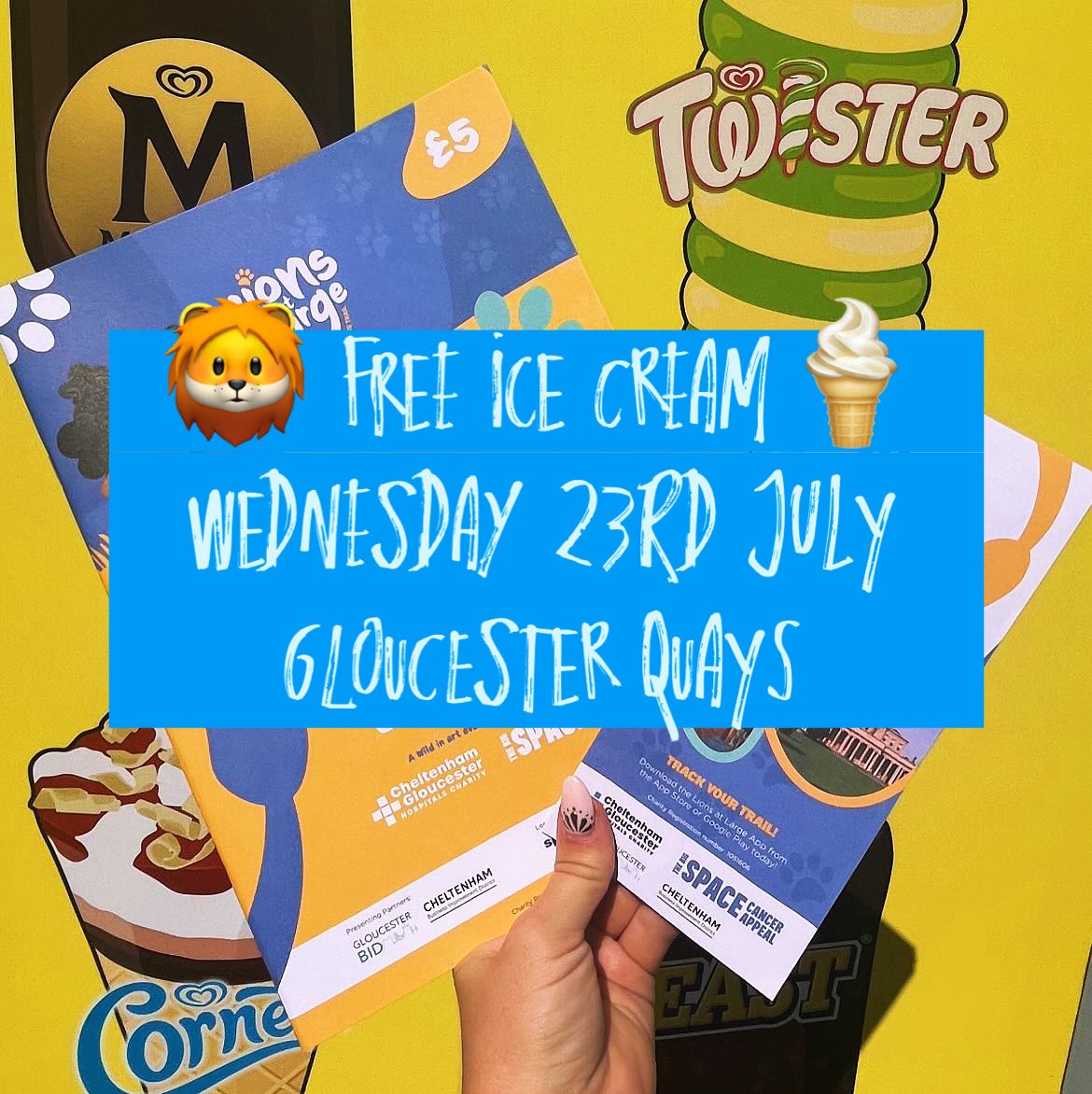 🦁#Free ice cream anyone?!🍦

Look out for the Wall’s Ice Cream horsebox in <a href="/GloucesterQuays/">Gloucester Quays</a> today!

 Claim your free ice cream by showing your <a href="/lions_at_large/">Lions at Large Trail</a> map 🗺️ or by showing the app on your phone 📱 

Please note this is one free #icecream per trail map or app download 🦁