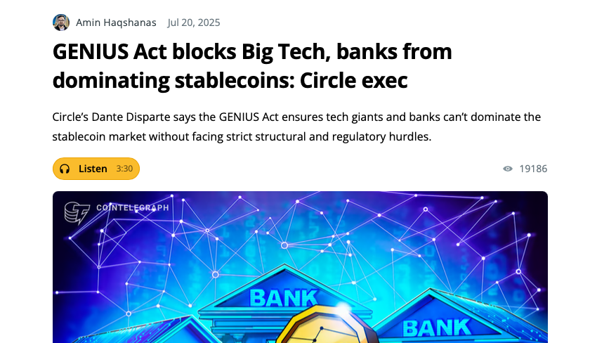ProfSchrepel's tweet image. I read here and there that the GENIUS Act blocks big tech companies from dominating stablecoins. I’m sorry, but no.
The #GENIUSAct regulates who can issue stablecoins. It does *not* require ‘Federal qualified nonbank payment stablecoin issuers’ (one type of eligible issuer that…