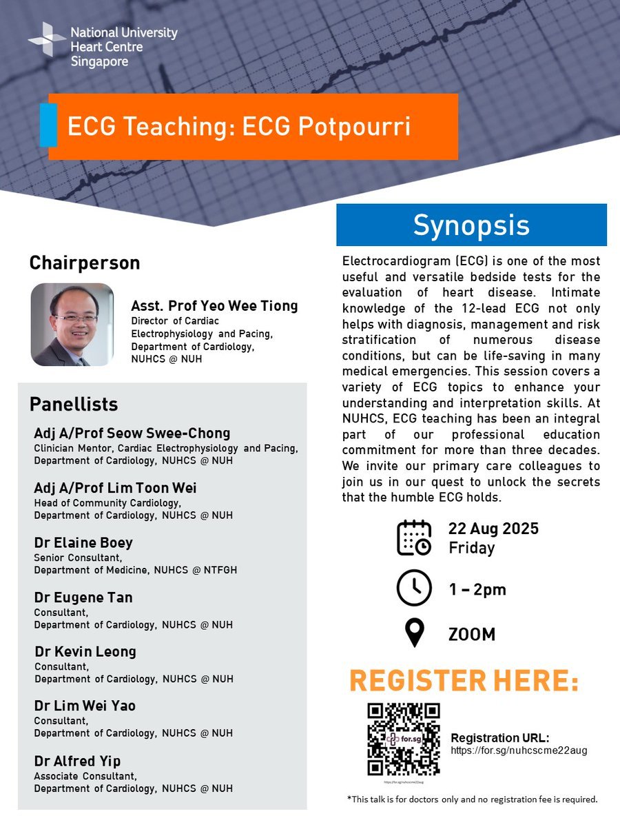 GPs &amp; family physicians! Are you making the most of ECGs?

Join our CME webinar “ECG Teaching: ECG Potpourri”, with Asst Prof Yeo Wee Tiong, Snr Consultant, #NUHCS, &amp; our cardiologists. Sharpen your ECG skills for clinical scenarios!

🔗: for.sg/nuhcscme22aug
*CME points apply