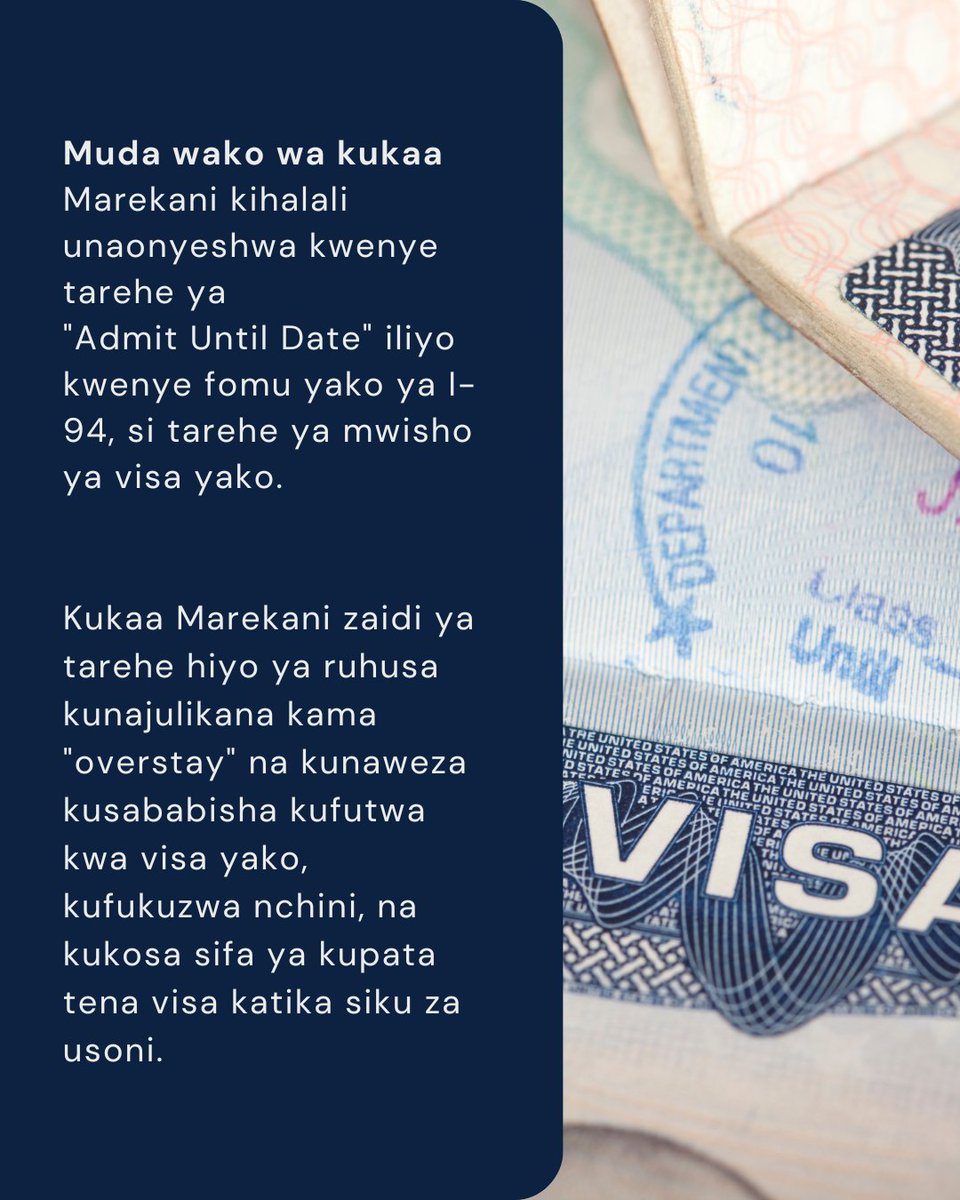 usembassytz's tweet image. Muda wako wa kukaa Marekani kihalali unaonyeshwa kwenye tarehe ya "Admit Until Date" iliyo kwenye fomu yako ya I-94, si tarehe ya mwisho ya visa yako.
Kukaa Marekani zaidi ya tarehe hiyo ya ruhusa kunajulikana kama "overstay" na kunaweza kusababisha kufutwa kwa visa yako,…