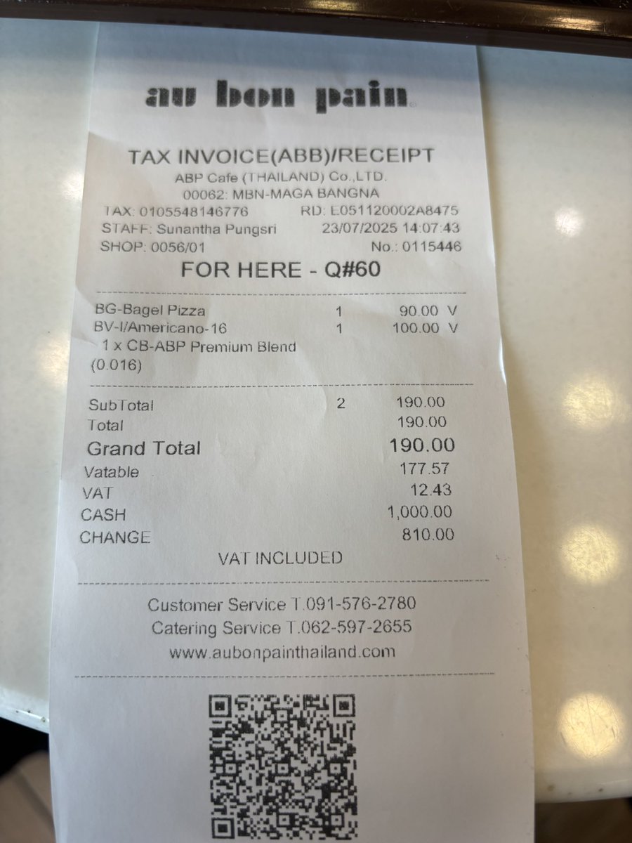 I remember we had the discussion about the 10% service charge recently and some claimed all shops have charged it. Not true. Today I went to both Inthanin coffee and also here at Au Bon Pain and none of them charge additional +10% service charge. Might be inside the base price